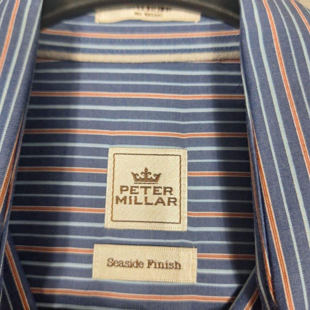 Peter Millar Seaside Finish Mens large‎ Button Up Long Sleeve Shirt Blue striped